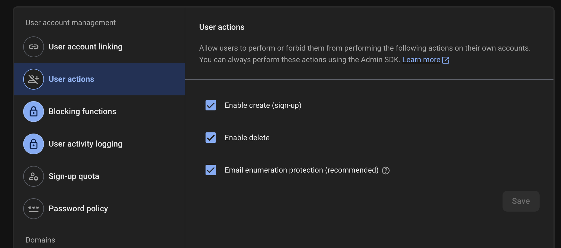 Email enumeration in firebase password settings